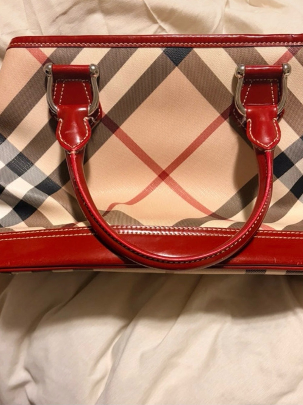 Vintage Burberry Nova Check Red Patent Satchel Y2K + Dust Bag Tags Strap Charms - Picture 2 of 15
